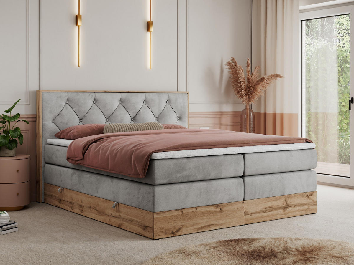 BOXSPRINGBETT VENETO KING 140/200 Hellgrau Velvet - H4 - Hellgrau, Holz/Textil (140/200cm) - MKS