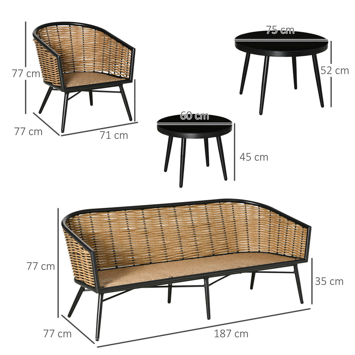 POLYRATTAN Gartenmöbel Set mit Sofa Kissen Aluminium Natur - Naturfarben, Kunststoff - Outsunny