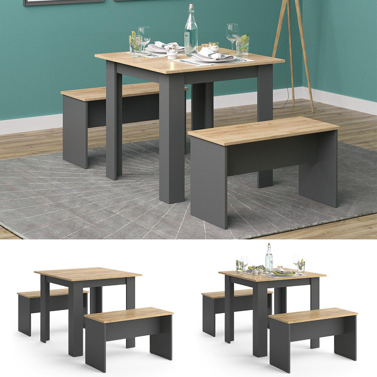 ESSTISCH SET Sentio Anthrazit 80 x 80 cm mit 2 Bänken - Anthrazit, Holzwerkstoff (80/73/80cm) - Vicco