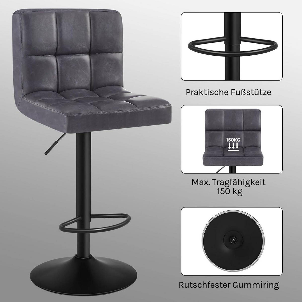 BARHOCKER 2er Set, Kunstleder in Antiklederoptik, Stahl - Anthrazit, Metall (44/114/39cm) - Woltu