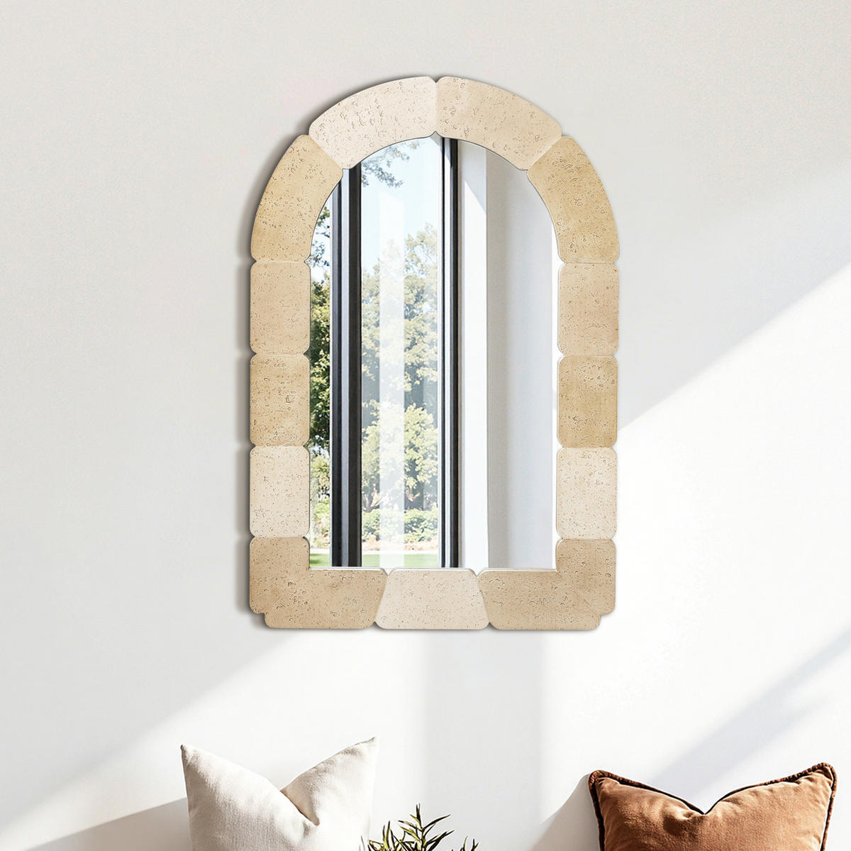 78CM H Bogenförmiger Wandspiegel, Geeignet für Wohnzimmer, Schlafzimmer, Badezimmer und Flur Boho-Stil MDF-Material - Beige/Hellgelb, Holz/Kunststoff (78/3/52cm) - Hometopia