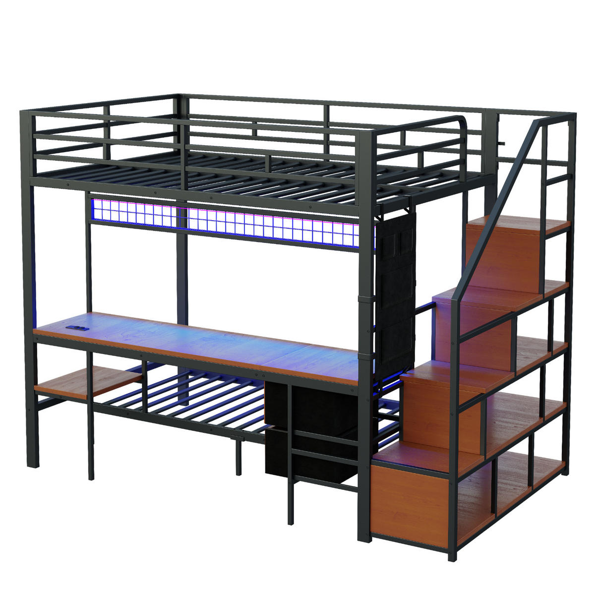 HOCHBETT 140/200 cm Schwarz aus Metall und Holz mit Schreibtisch und Unterbett - Schwarz, Metall (140/200cm) - OKMYHOME