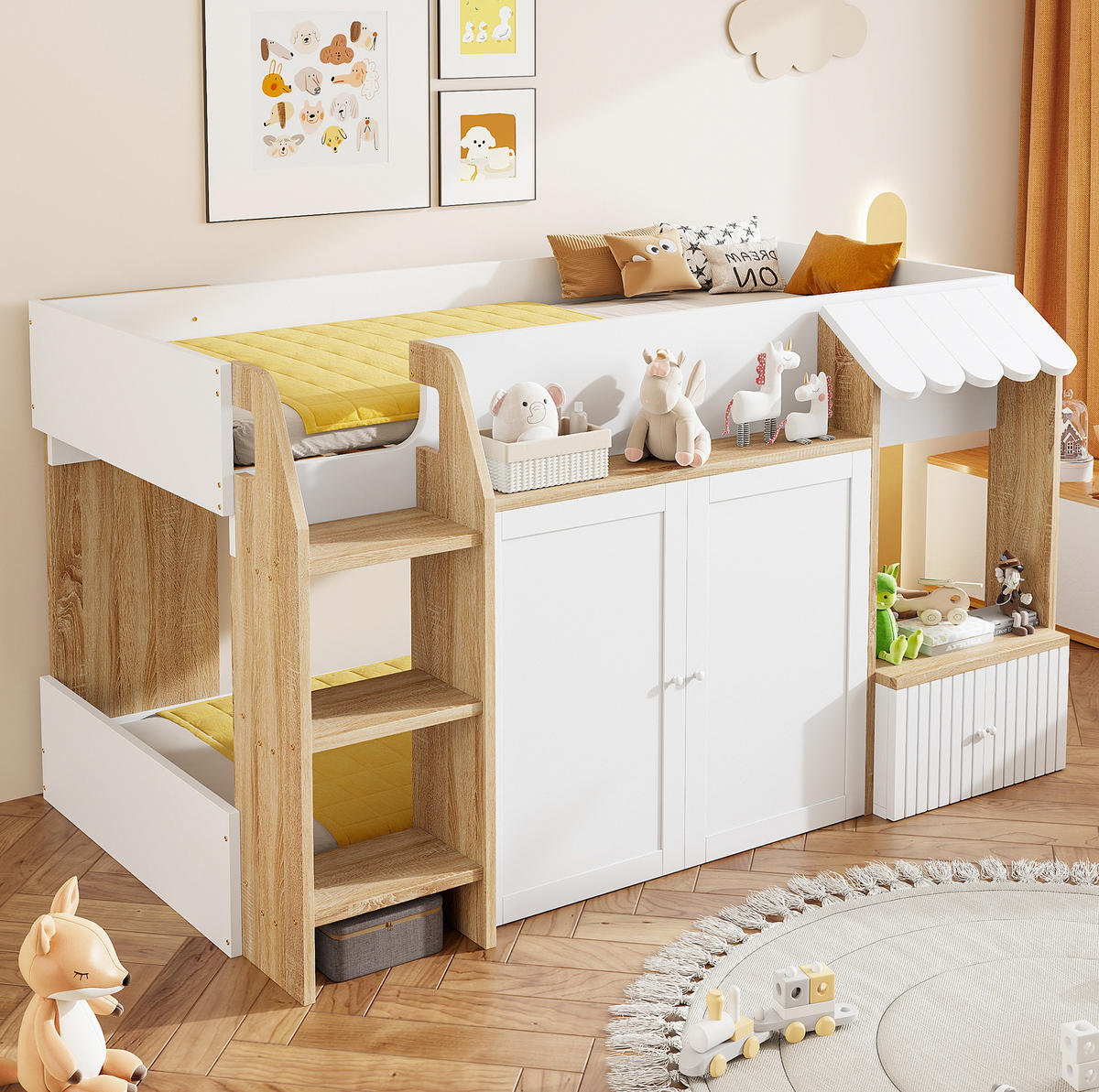 HOCHBETT 90/200 cm Weiß/Natur aus Holz mit Hausrahmen und Stauraum - Weiß, Holzwerkstoff (90/200cm) - OKMYHOME