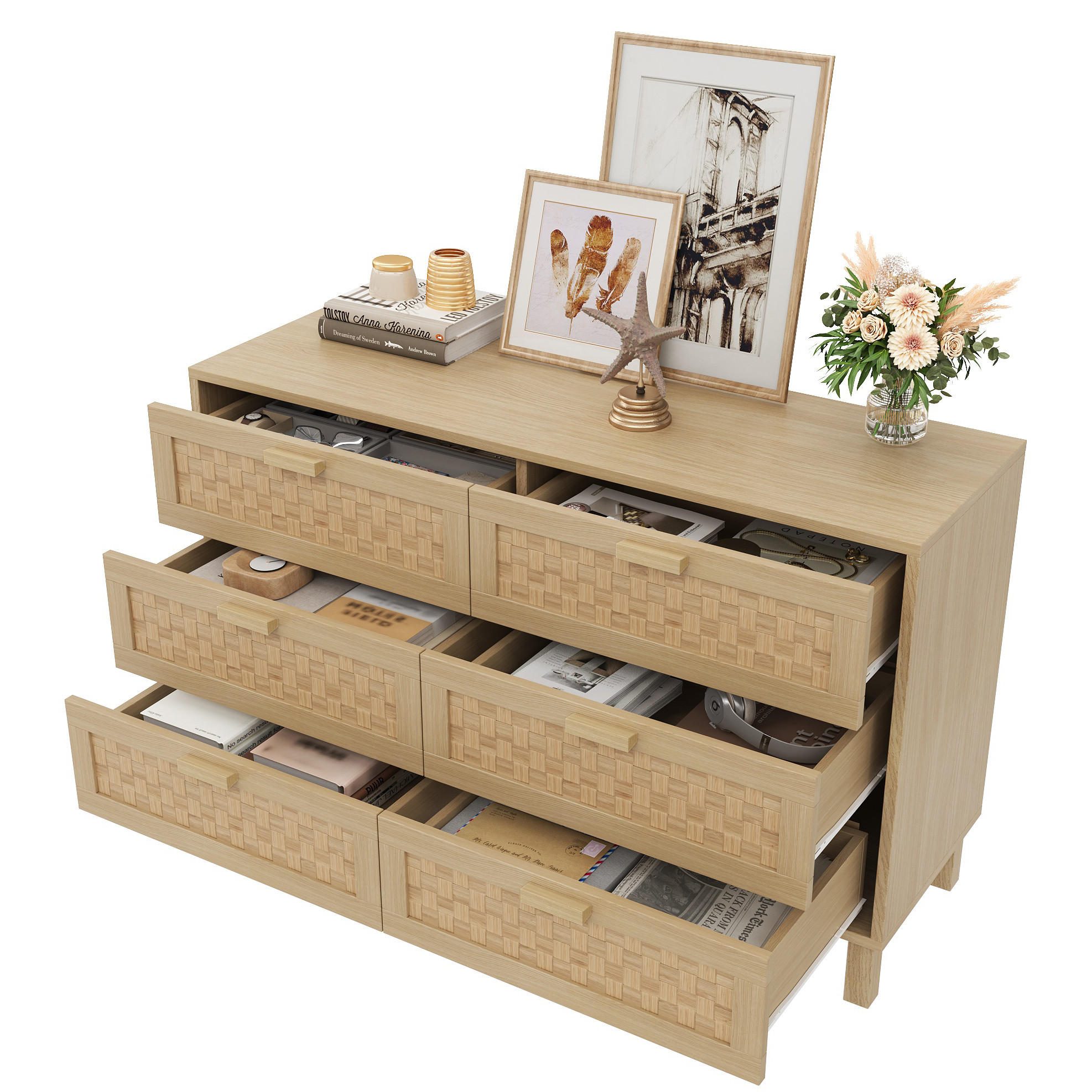 SIDEBOARD mit 6 Schubladen 120/40/75 cm in Naturfarbe mit Rattanoptik - Naturfarben, Holzwerkstoff (120/75/40cm) - BEAOK