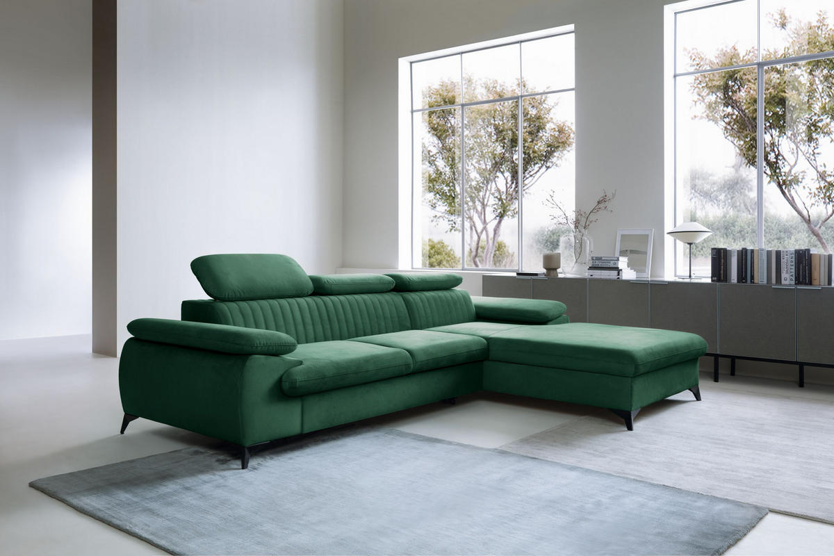 ECKSOFA FIORE Grün Velours-Stoff mit Schlaffunktion - Grün, Holz (280/193cm) - MASSENO