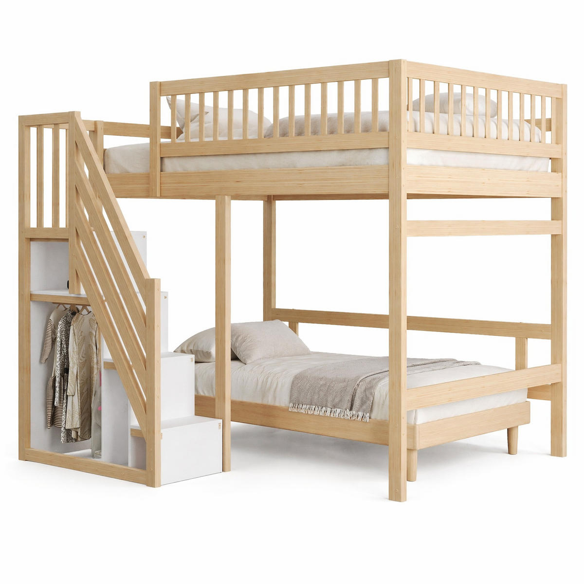HOCHBETT 140/200 cm in Natur mit Treppe und Stauraum Massivholz - Naturfarben, Holz/Holzwerkstoff (140/200cm) - CHICFURN