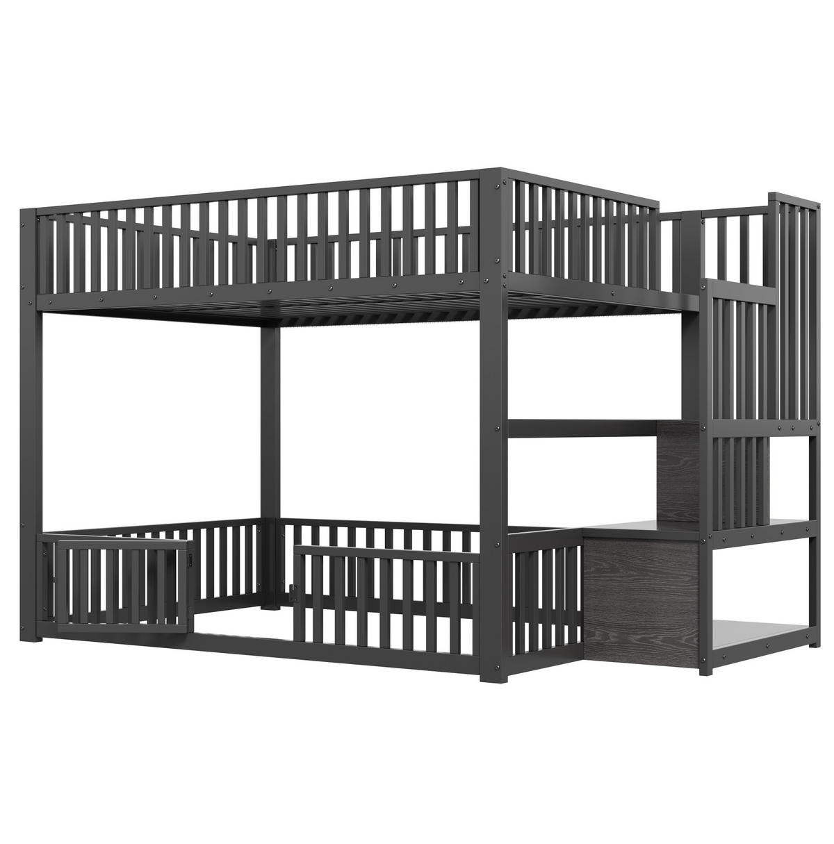 ETAGENBETT 140/200 cm aus Metall und MDF mit LED-Beleuchtung und Stauraumleiter, Schwarz - Schwarz, Holzwerkstoff (140/200cm) - Redom