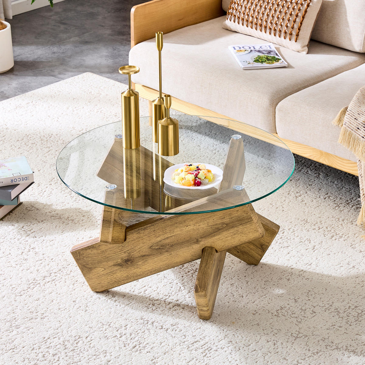 COUCHTISCH, MDF + 0,8 cm Glasplatte, Kreuzgestell, skandinavisch-modern, 79/79/45 cm,Naturfarben - Naturfarben, Holzwerkstoff (79/79/45cm) - Redom