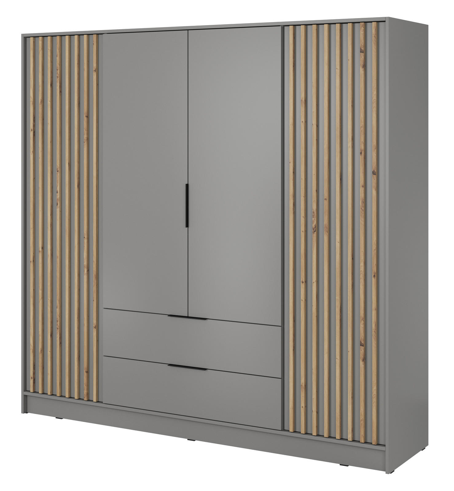 KLEIDERSCHRANK Stilo in Grau, viertürig, mit Schubladen und Lamellen an der Vorderseite - Schwarz/Eiche Artisan, Holzwerkstoff/Kunststoff (206/200/51cm) - Ravio