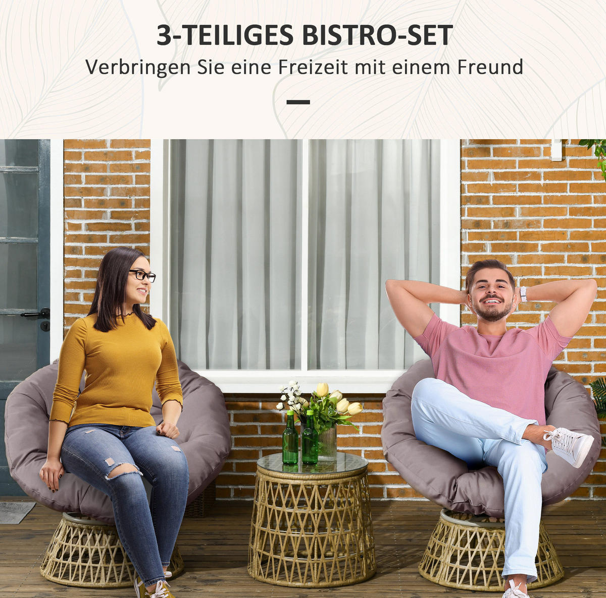 BISTRO-SET Stuhl 85/70/82 cm mit Tisch Ø45/45 cm, Rattan mit Kissen und Glasplatte, Coffee - Braun, Naturmaterialien - Redom