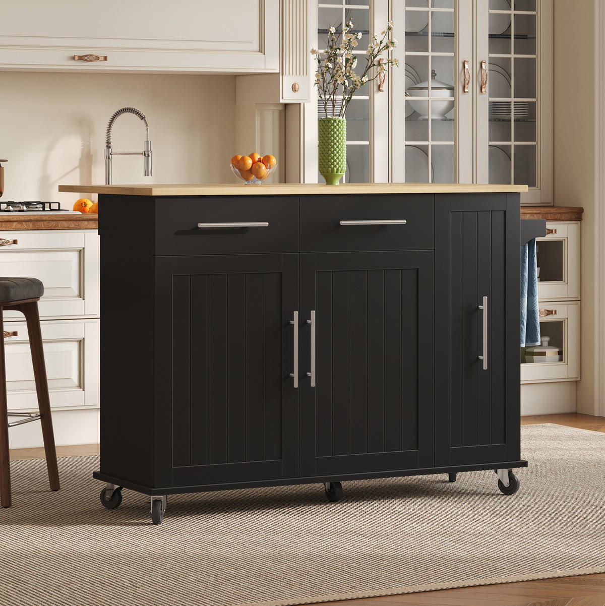 KÜCHENINSEL 120/40(65)/90 cm mit klappbarer Arbeitsplatte, 3-stufigem Auszug und Rollen, MDF, Schwarz/Natur - Schwarz, Holzwerkstoff (120/90/65cm) - Redom