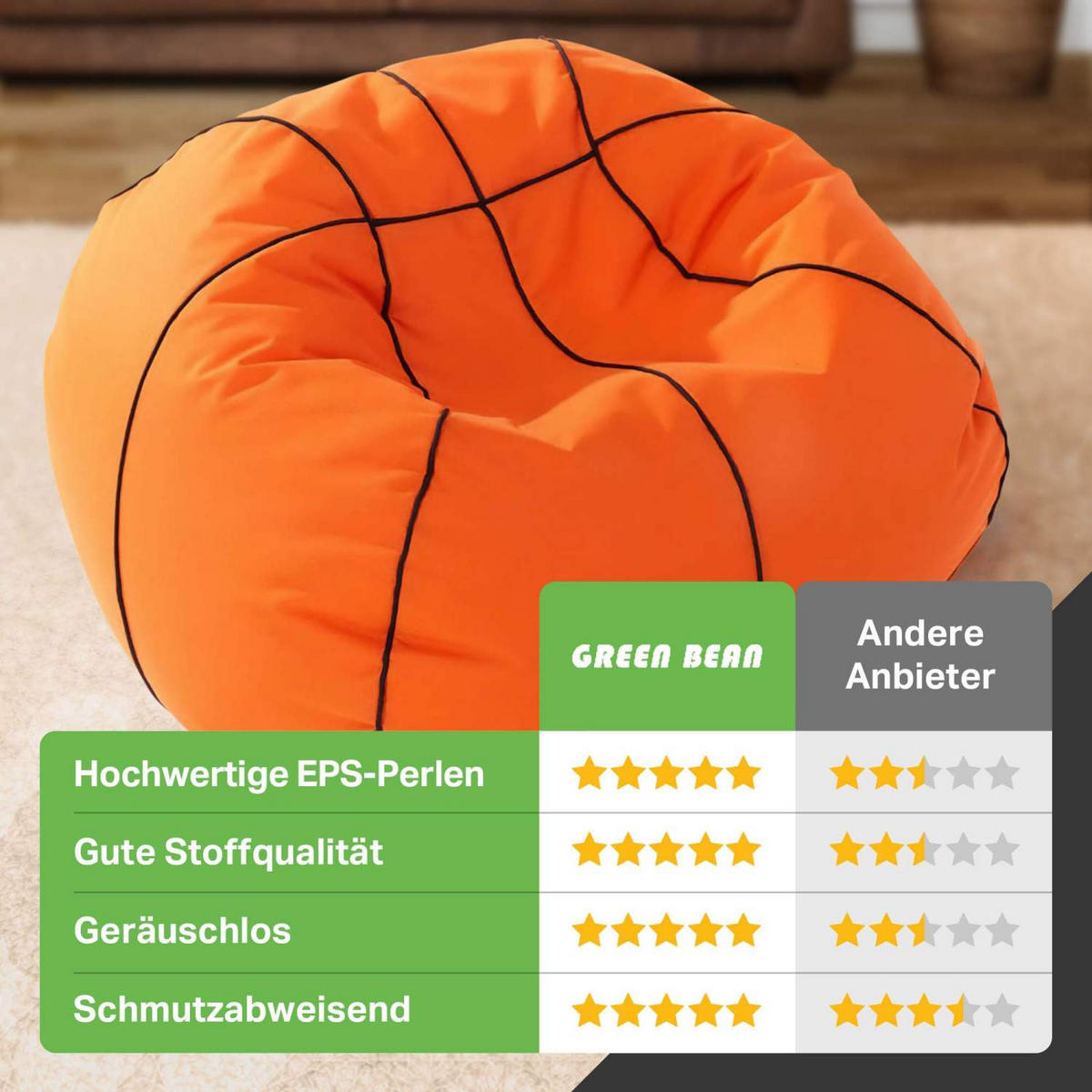 GAMING-SITZSACK Basketball 110cm - 300L - Orange, Textil (110/110/110cm) - Green Bean