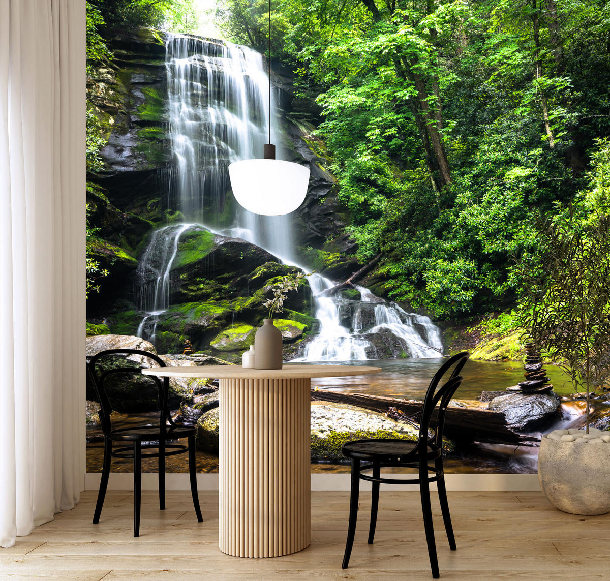 FOTOTAPETE Wasserfall im Dschungel Bäume Felsen 3D 450x315 - Braun/Weiß, Papier (450/315cm) - Muralo