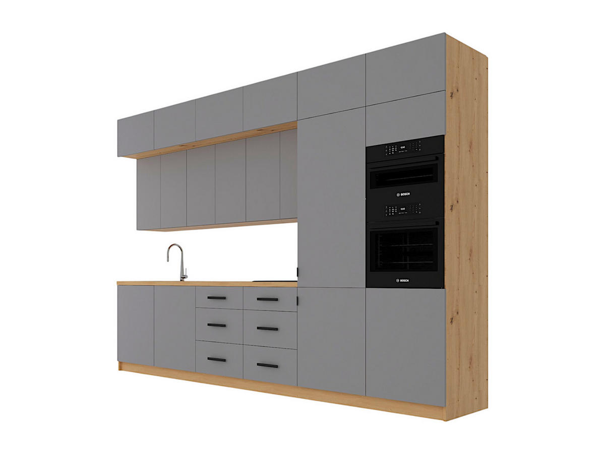 KÜCHENZEILE 360 cm - Langen K72-M360 - Beige/Schwarz, Holz/Metall (360/248/58cm)