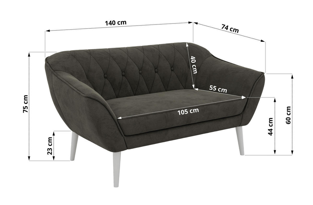 DVOUMÍSTNÁ POHOVKA PIRS 2 - Tmavě šedá Samet - Bílé nohy - bílá/tmavě šedá, kompozitní dřevo/textil (140/75/74cm) - MKS
