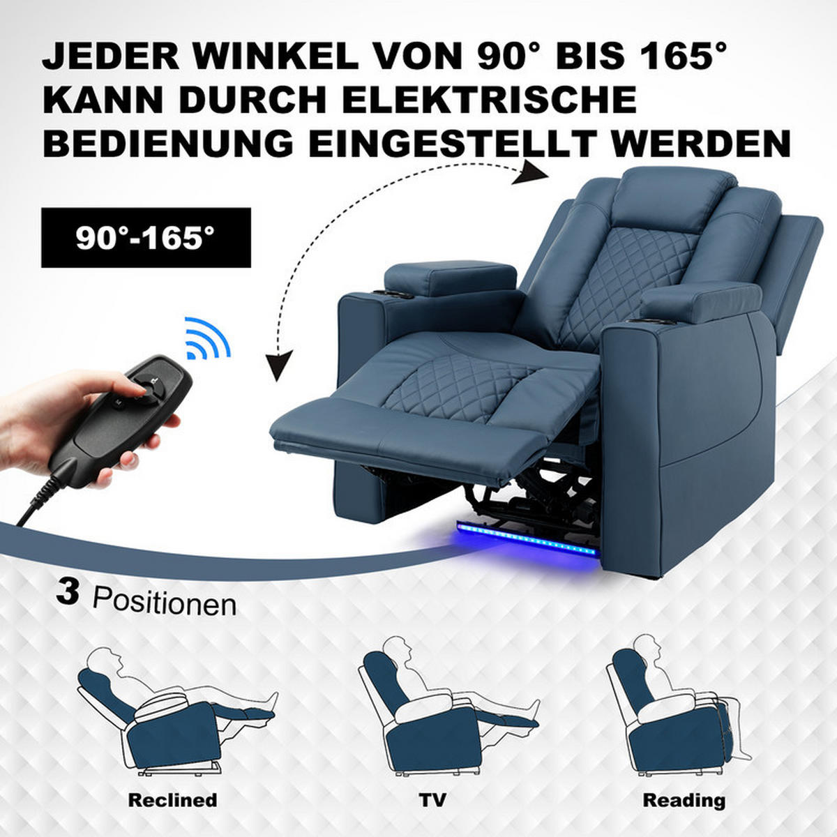 RELAXSESSEL mit Liegefunktion – mit Massage und LED-Beleuchtung - Schwarz, Leder (73/102/85cm) - Kaket