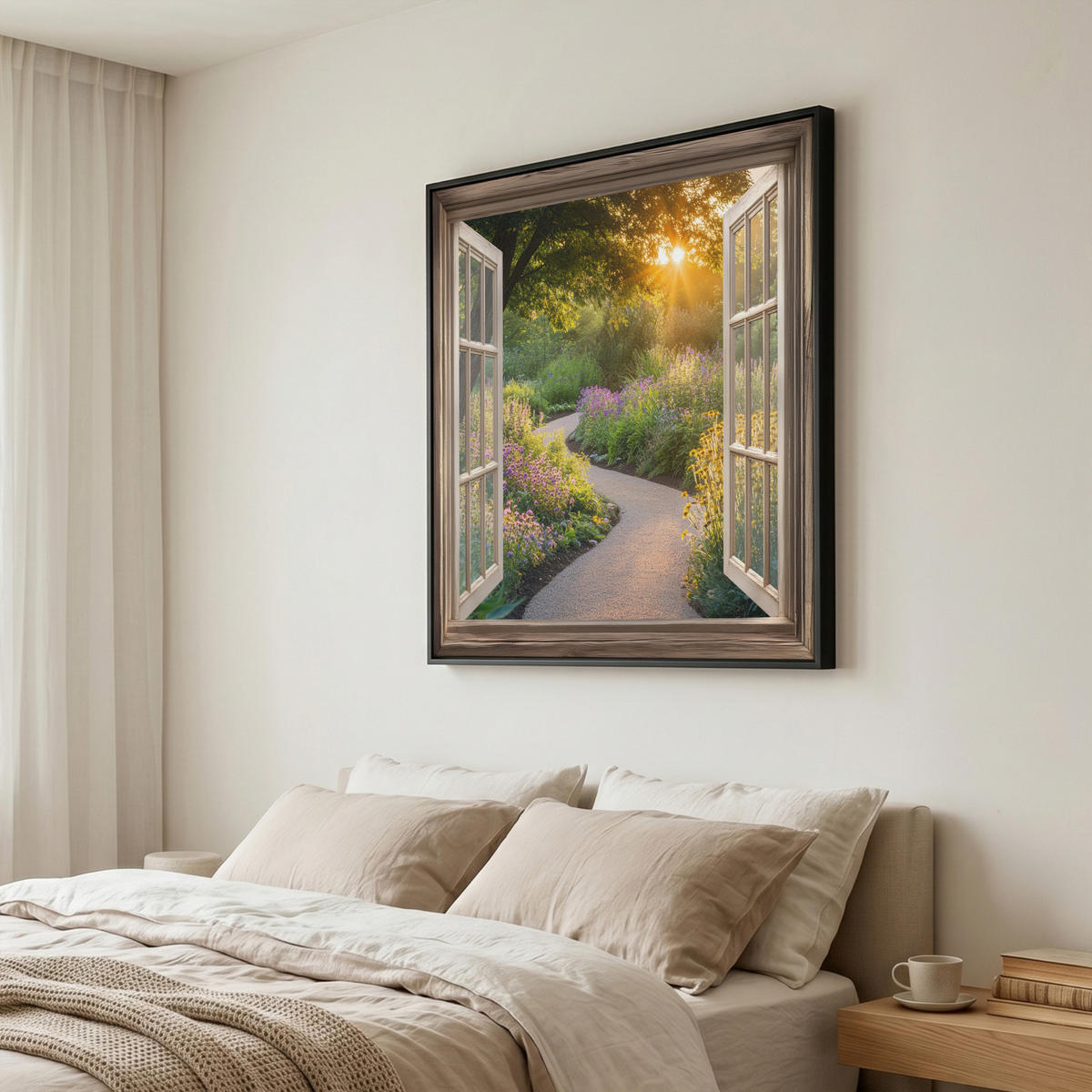 LEINWAND Bilder mit Rahmen - Aussicht - Blumen - Natur - Sonne - Weg - 90x90 - Hellgelb, Textil (90/90cm) - MuchoWow
