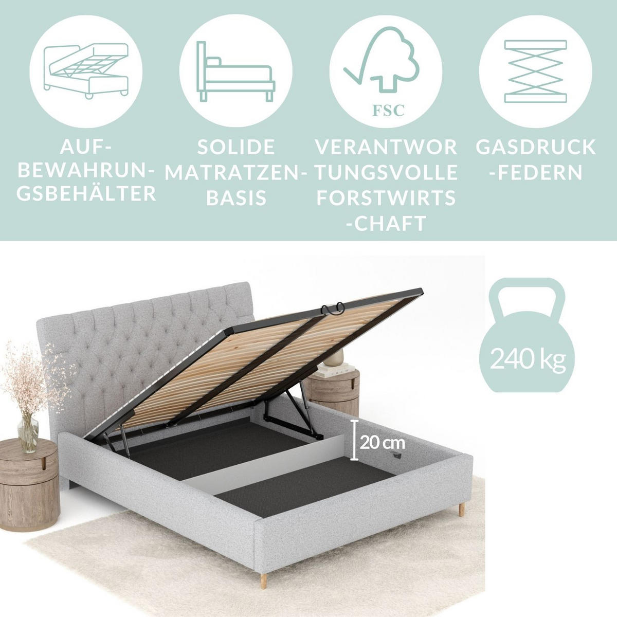 POLSTERBETT Vezzola Beige 120/200 cm im Webstoff - Beige/Naturfarben, Holz/Holzwerkstoff (120/200cm) - Maison de Reve