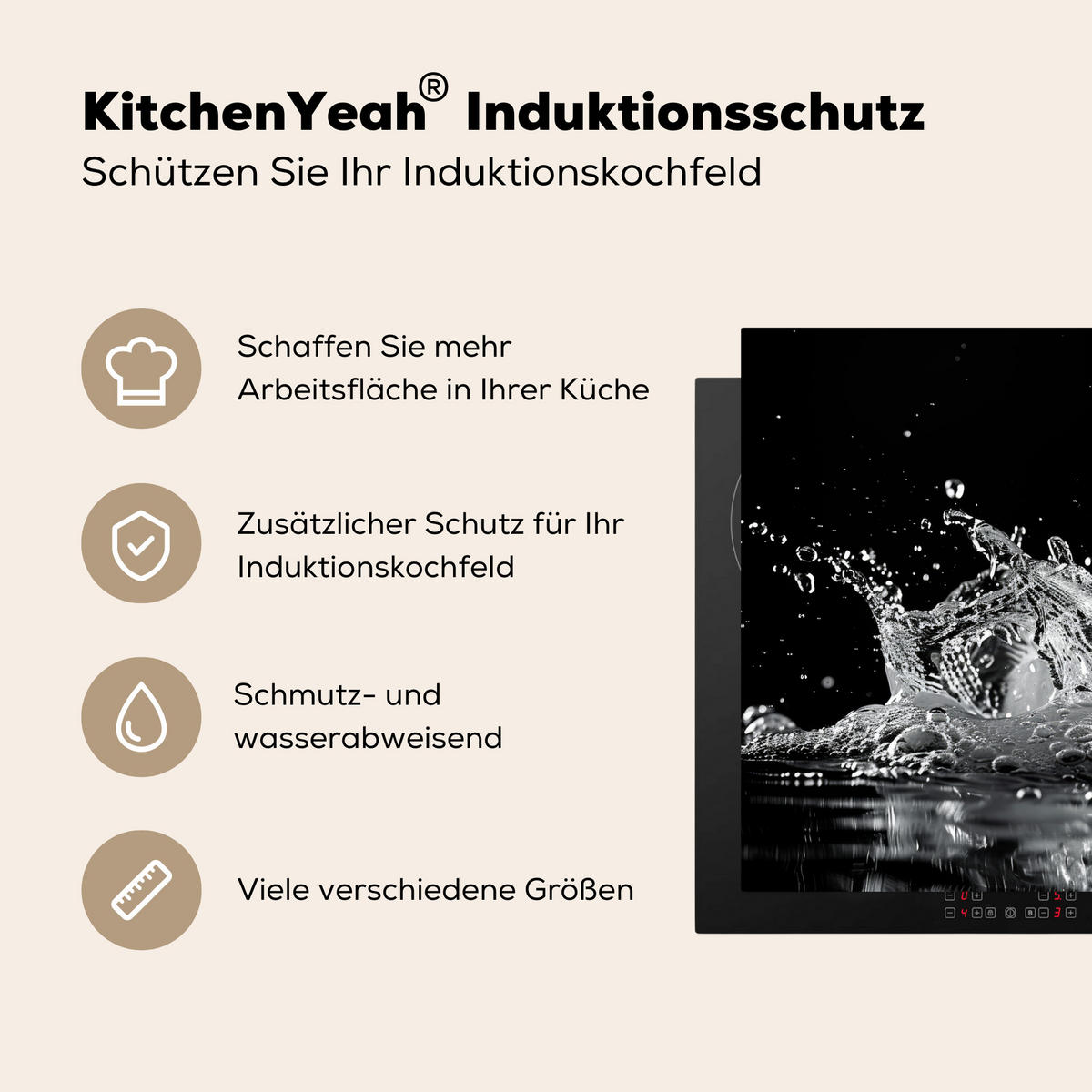 HERDABDECKPLATTE Wasser - Spritzwasser - Schwarz Induktionsmatte 77x59 cm - Schwarz, Kunststoff (77/59/0.2cm) - MuchoWow