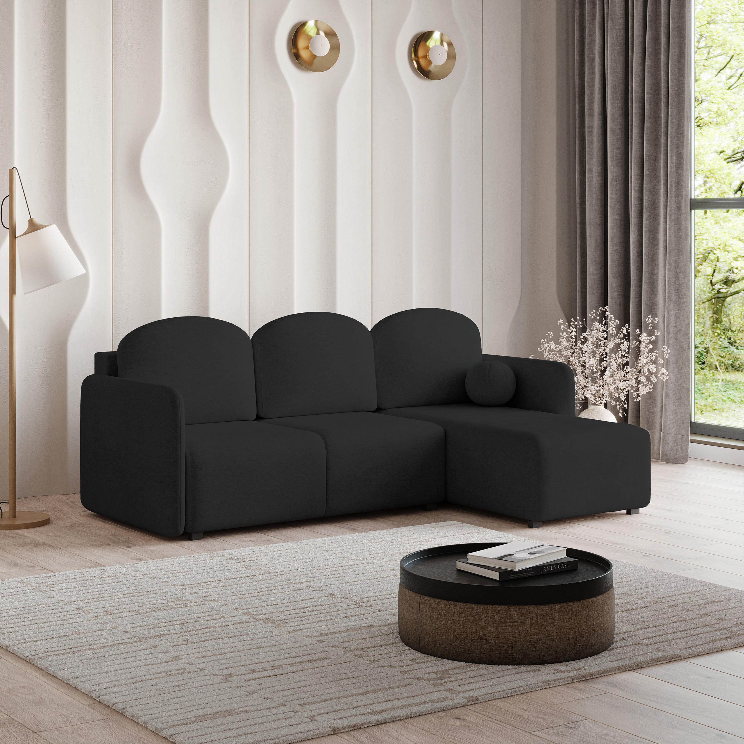 ECKSOFA SUVINO Schwarz Geflochtener Stoff mit Schlaffunktion - Schwarz, Holz (230/143cm) - MASSENO