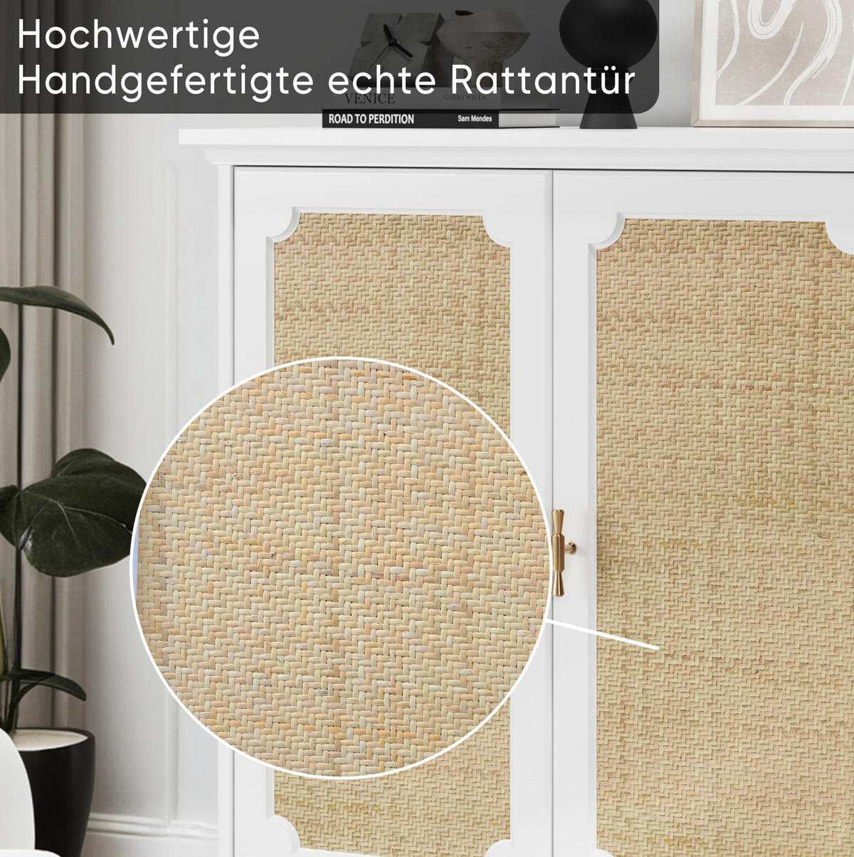 BADEZIMMERSCHRÄNKE 80x38x86 cm Weiß aus Rattan & Holzwerkstoff mit 2 Türen & Massivholzbeinen - Weiß, Holzwerkstoff (38/86/80cm) - Modfu