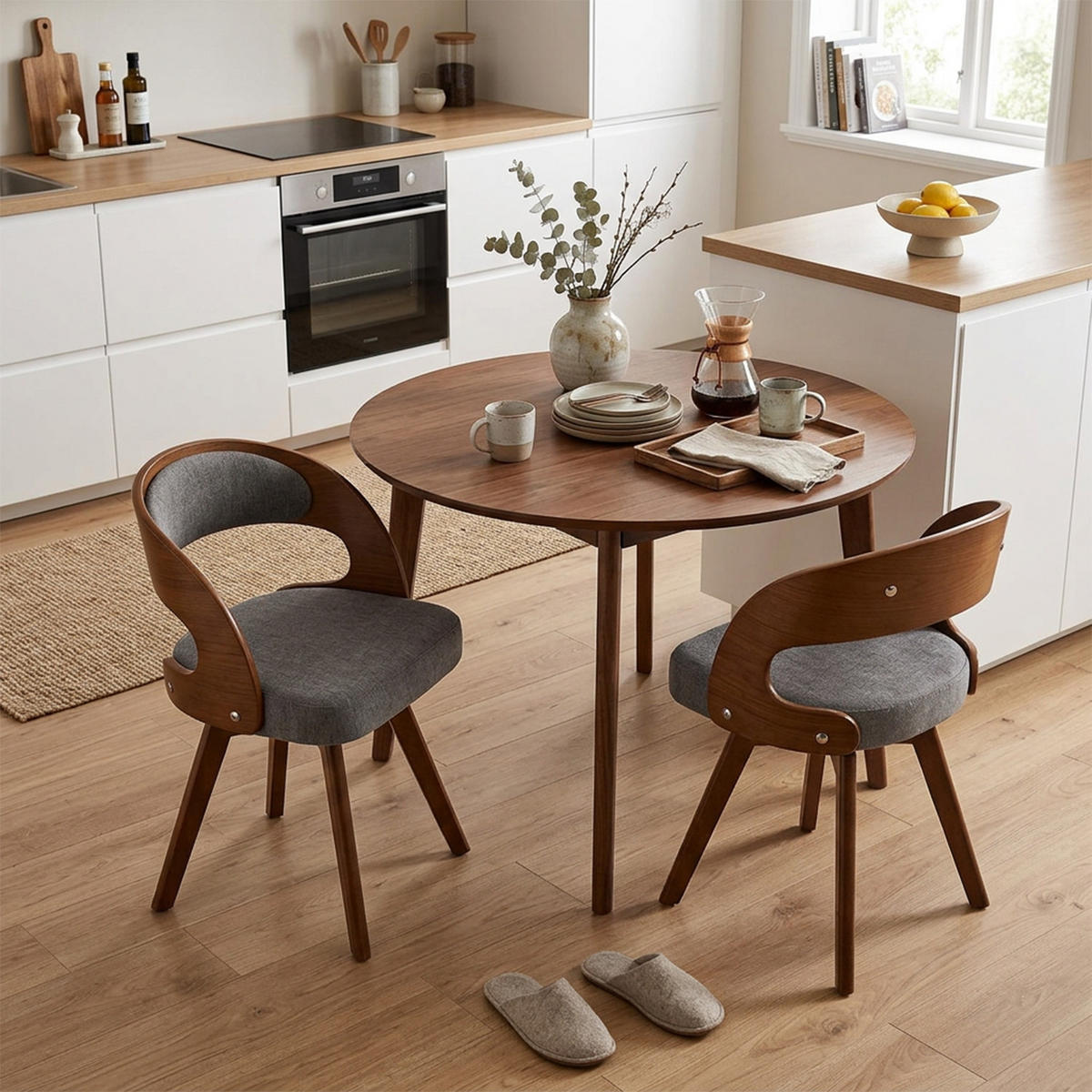 ESSZIMMERSTÜHLE 2er-Set aus Holz mit drehbarer Sitzfläche und Leinenkissen, Grau - Braun/Grau, Textil/Metall (44/75/44cm) - Meubles Cosy