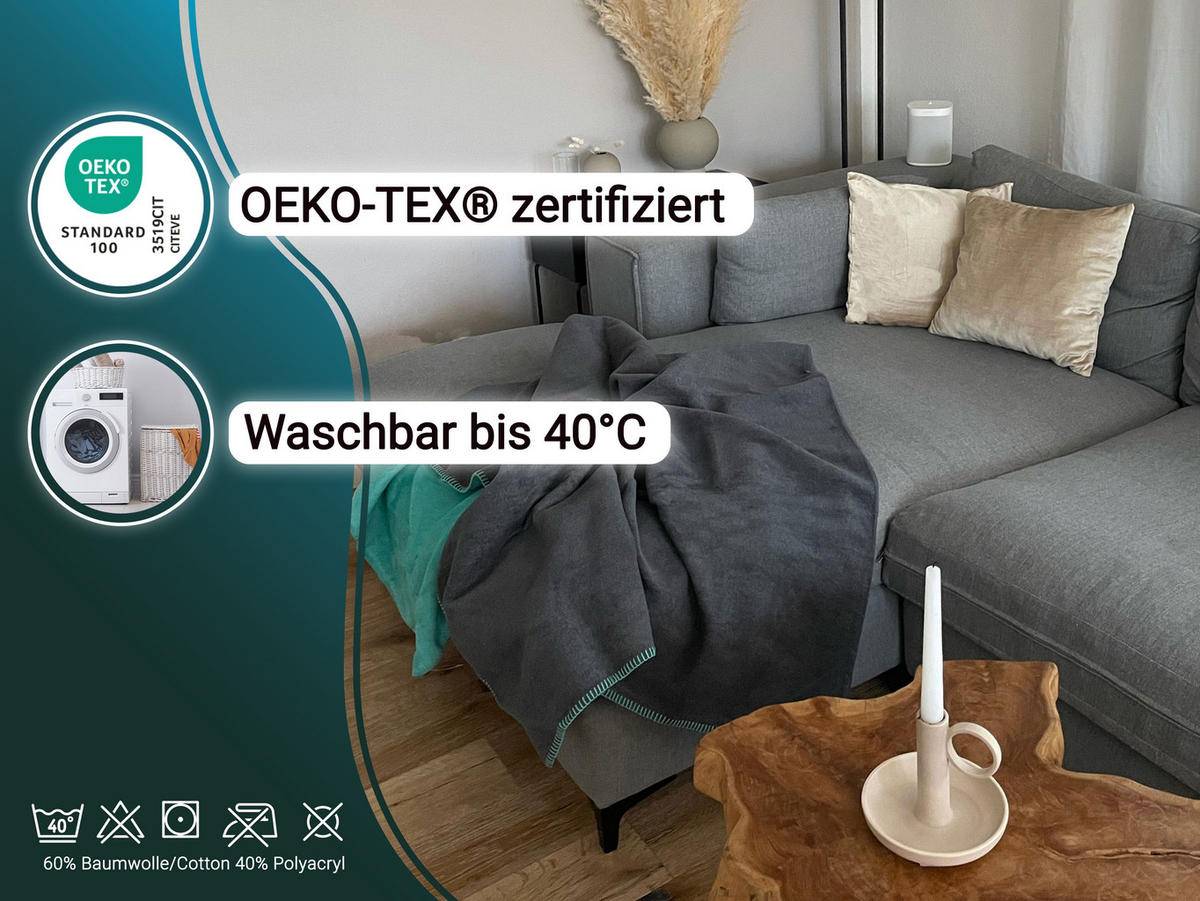 KUSCHELDECKE, 150x200 cm, 60% Baumwolle, 40% Polyacryl, Grau - Mintgrün, Naturmaterialien (150/200cm) - Zollner