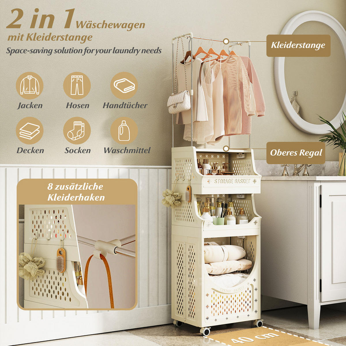 WÄSCHEKORBWAGEN mit Kleiderstange beige - Beige, Kunststoff (40/158/30cm) - COSTWAY
