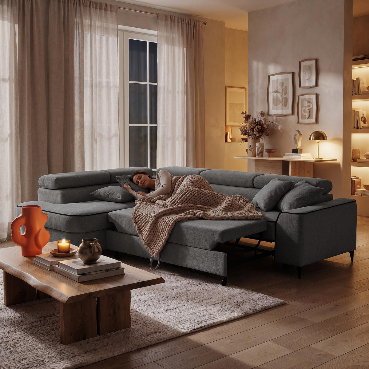 ECKSOFA EVER L Links mit Schlaffunktion 193x126 Chenille Grau - Schwarz/Grau, Holz/Textil (267/204cm) - Muffo