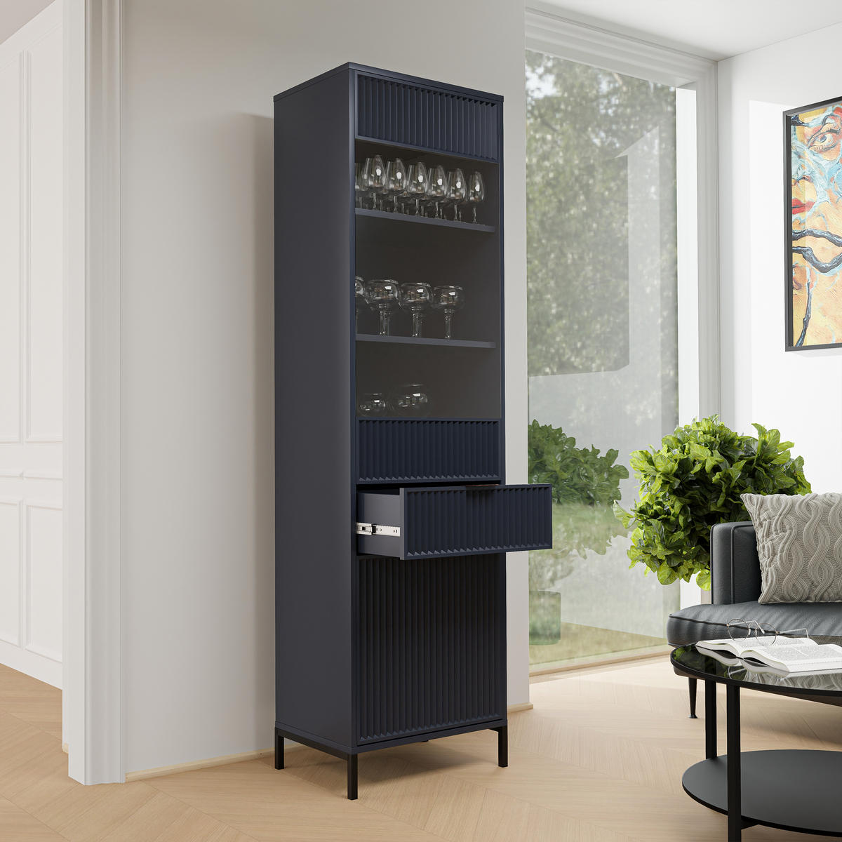 GLASVITRINE klein mit 1 Schublade und 2 Türen, Blau - Blau, Holzwerkstoff (196/55/41cm) - Idohome