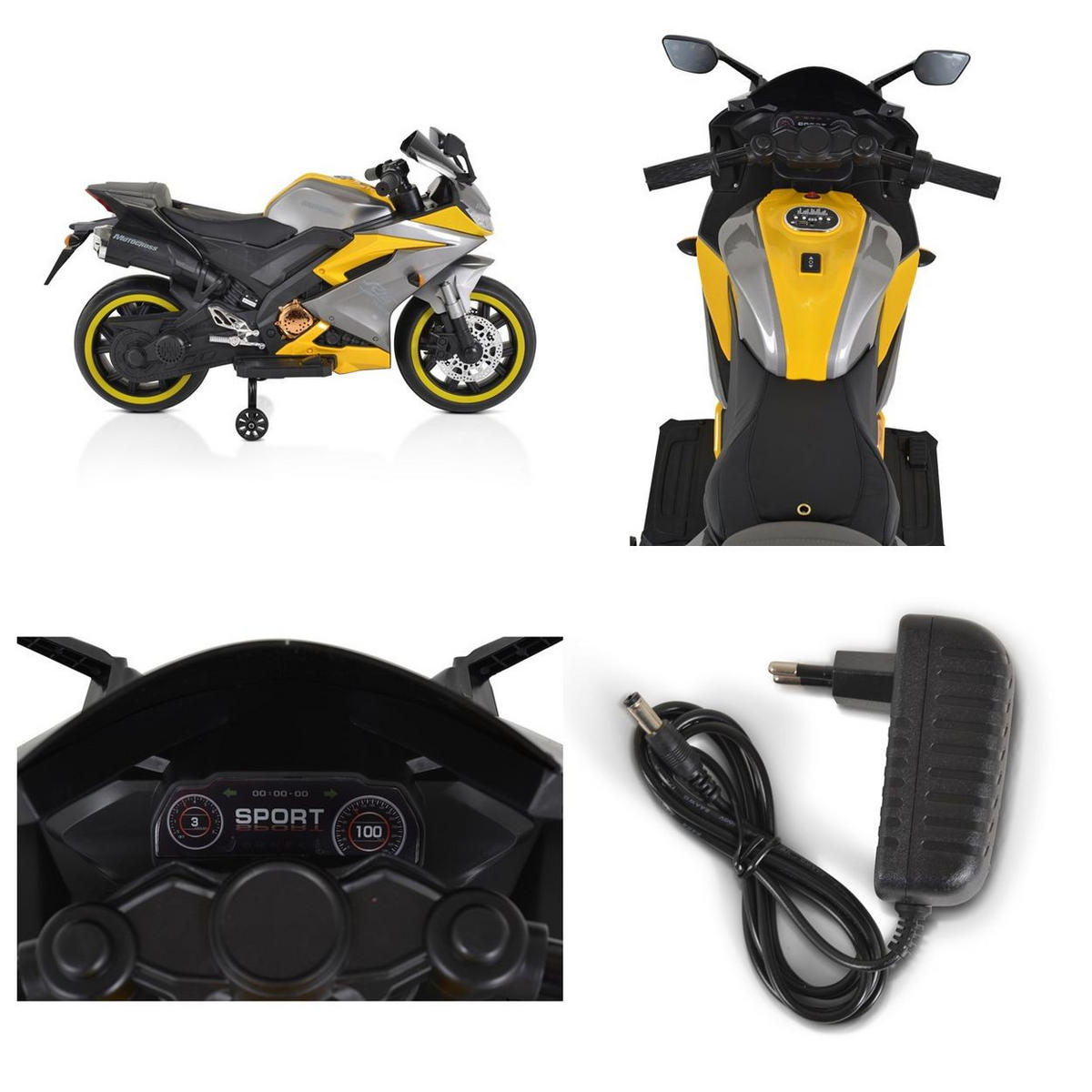 ELEKTROMOTORRAD Motocross grau MP3-Funktion Bluetooth Stützräder Lichter - Grau, Kunststoff (120/60/74cm) - Moni