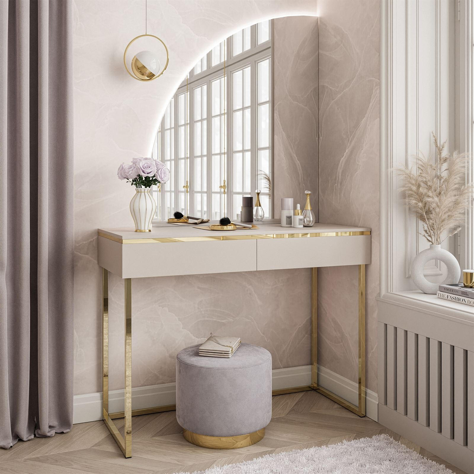 SCHMINKTISCH AURORA-Q GOLD auf goldenem Gestell mit links Spiegel - Kaschmir/Goldfarben, Holzwerkstoff/Metall (102/174/44cm) - Lookway