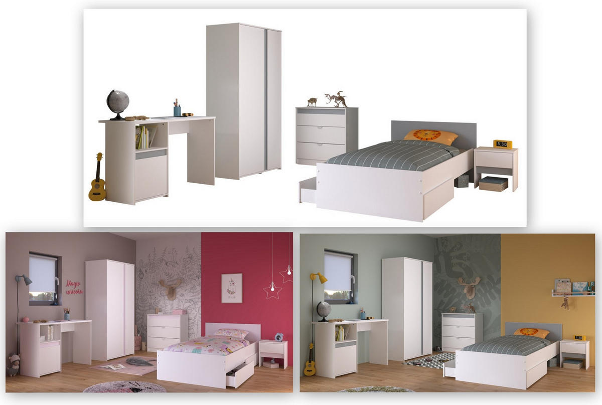 JUGENDZIMMER Set 5-tlg. mit Kleiderschrank Kommode Bett 90x200 - Weiß, Holzwerkstoff (203/182/68cm) - Parisot Meuble