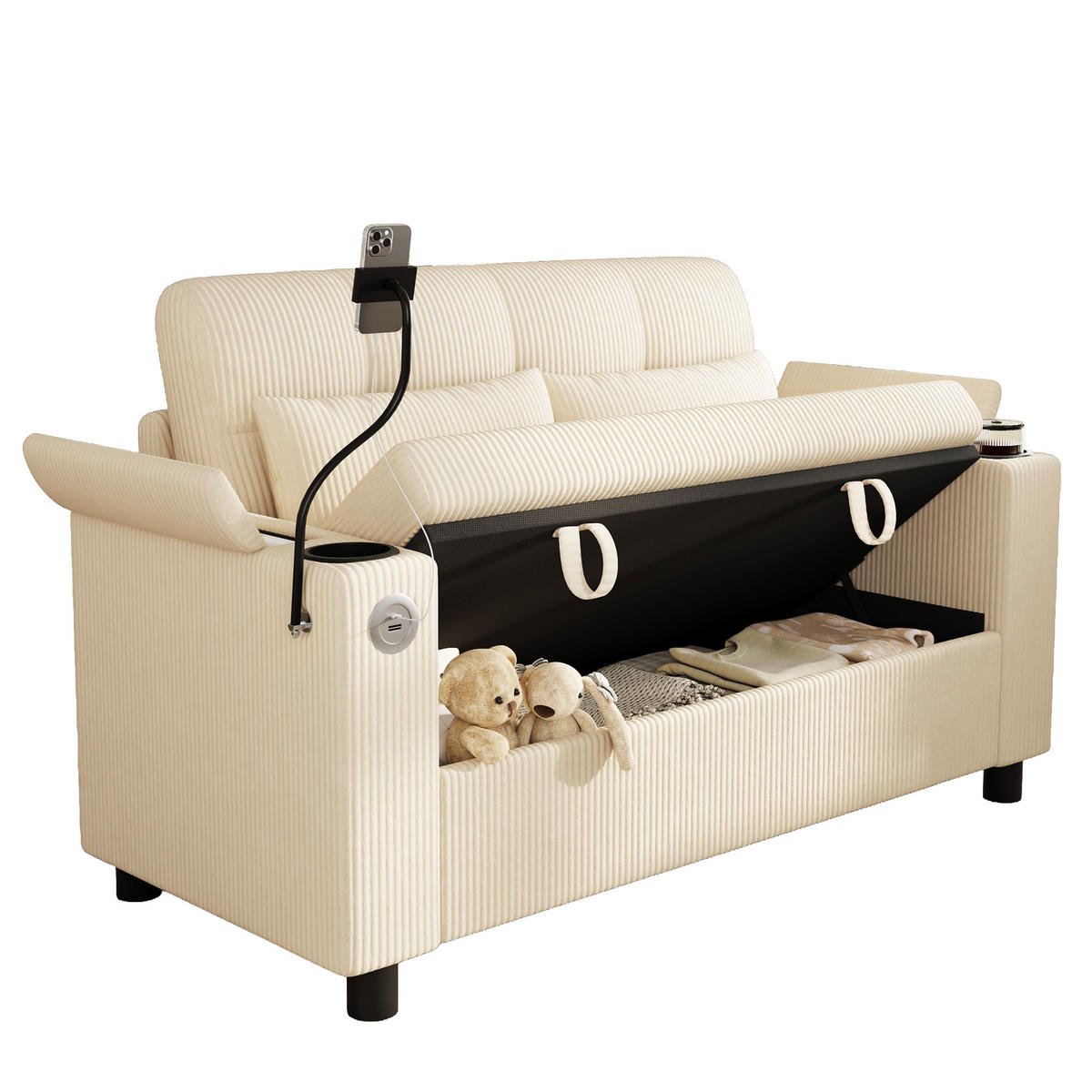 2-SITZER-SOFA mit Stauraum und USB-Anschluss, DE-42485, Beige - Beige, Holzwerkstoff (136.5/83.6/79.5cm) - ComfortXL