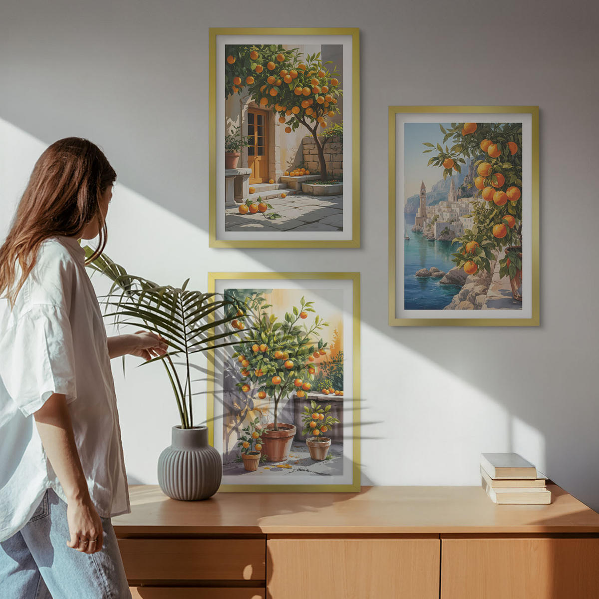 WANDBILDER 3er Set - 40x60 cm Goldrahmen - Gemalte Zitruslandschaften - Goldfarben, Kunststoff (40/60cm) - ArtPrintCave