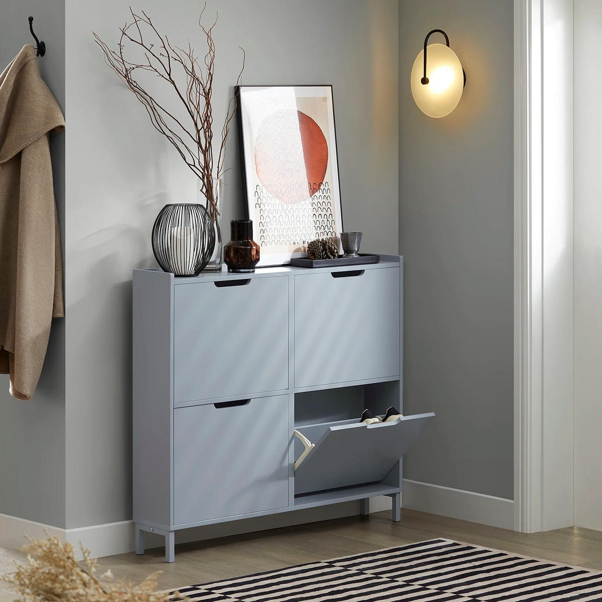 FSR100 Schuhkipper 4 Klappen Schuhschrank schmal Schuhkommode Schuhablage Hellgrau - Hellgrau, Holzwerkstoff/Metall (100/90/19cm)