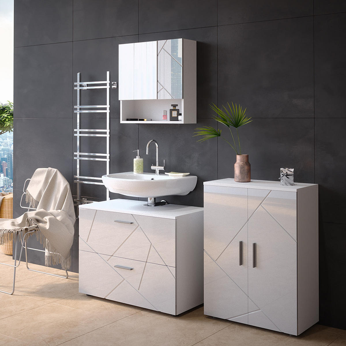BADMÖBEL-SET Irma Weiß Hochglanz 3 Teile, mit Unterschrank 80 cm - Weiß Hochglanz/Weiß, Holzwerkstoff (80/58/41cm) - Vicco