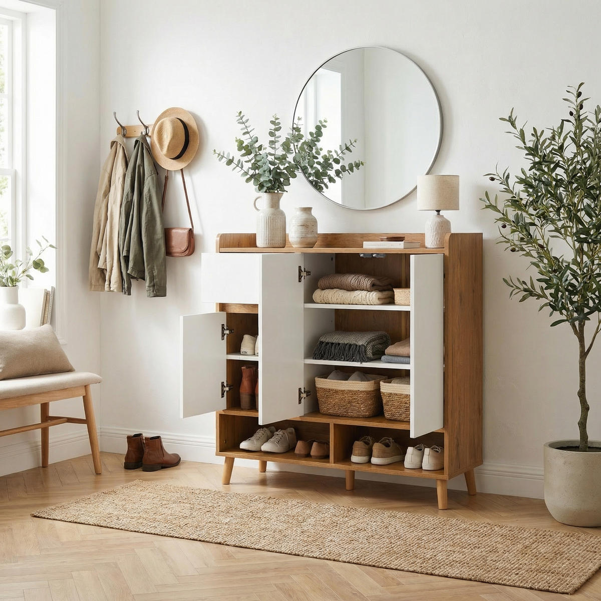 SCHUHSCHRANK in Weiß & Natur mit Massivholzbeinen & Push-to-Open-Funktion - Walnussfarben, Holzwerkstoff (90/99/35cm) - Urban Meuble