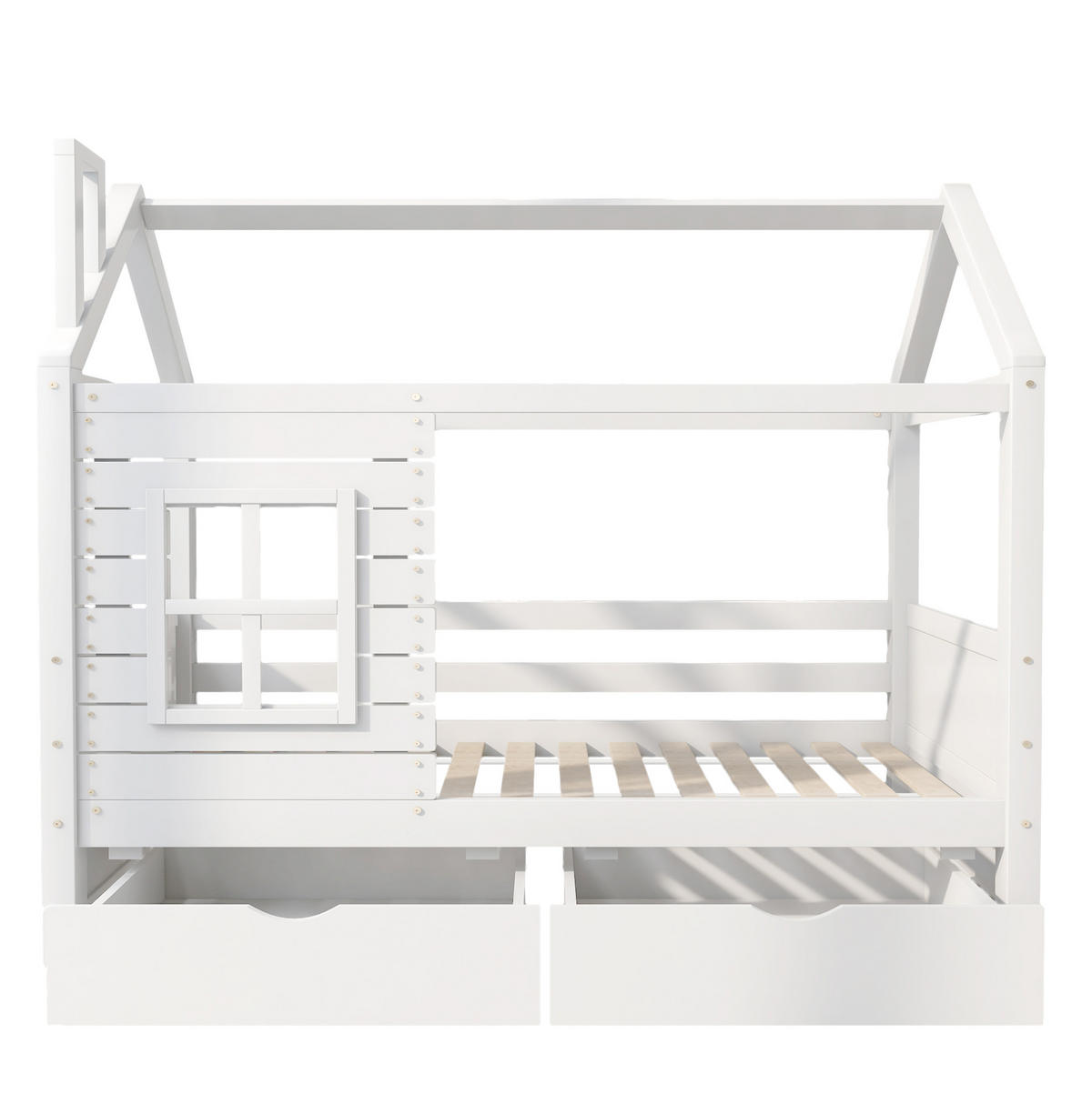 KINDERBETT 90/200 cm Weiß aus Kiefer massiv mit Bettkästen und Fensterdesign - Weiß, Holzwerkstoff (90/200cm) - Flora Grace