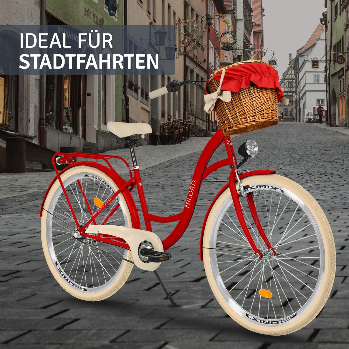 CITY-FAHRRAD Milord mit Weidenkorb, 28 Zoll, Rot, 3-Gang - Rot, Metall (46cm) - Milordbikes