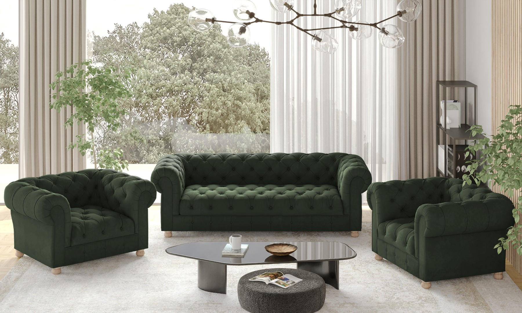 SITZGARNITUR 3+1+1 CHESTERFIELD Elegant Klassisch Schick Stoff Whisper Grün - Grün, Holz (202/77/90cm) - Kaiser Möbel