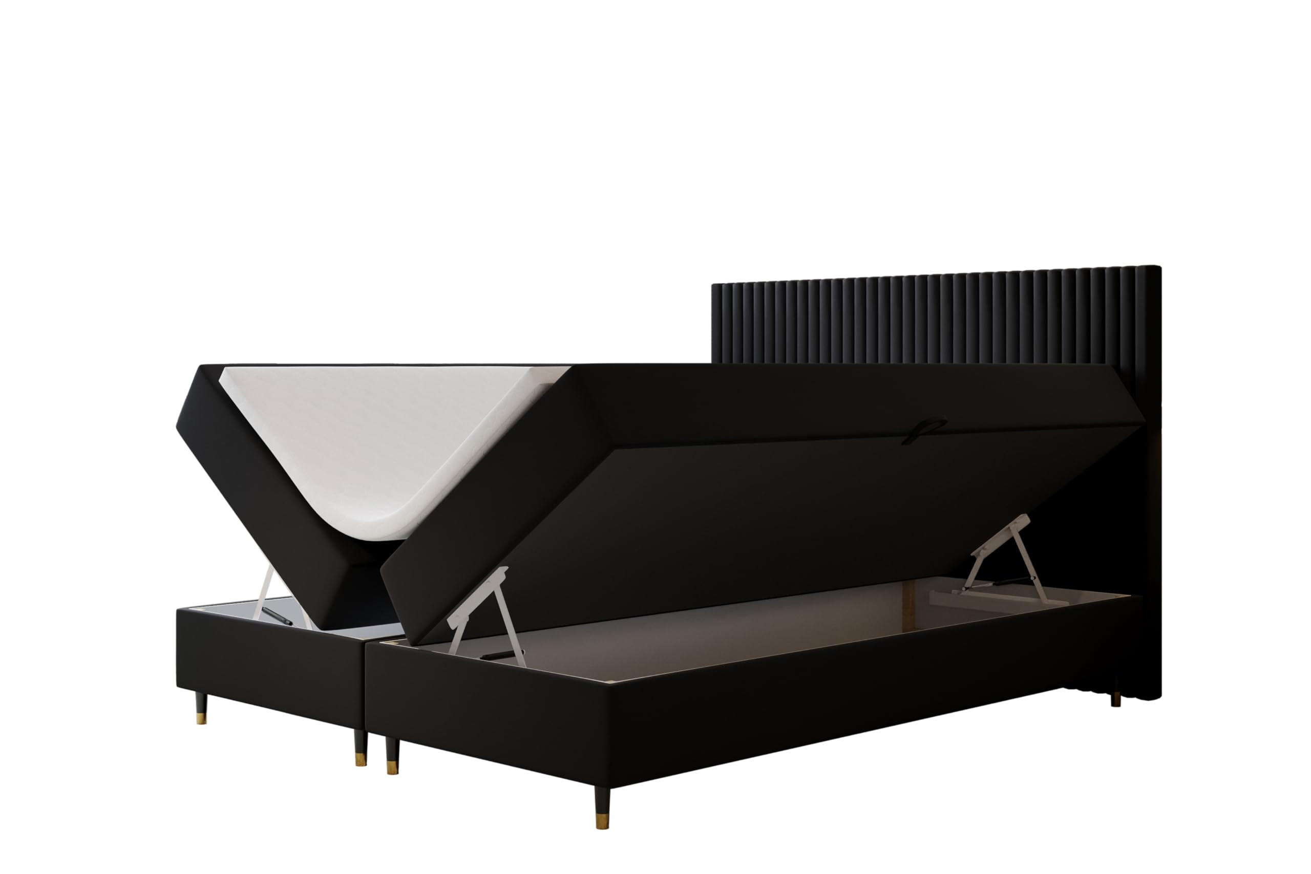 BOXBETT 180 x 200 cm mit Taschenmatratze ESTEPONA, Bettkästen mit Gasdruckfedern, Elegants gepolsterte Kopfstütze und Topper, Schwarz - Schwarz, Holz/Textil (180/200cm) - Trada
