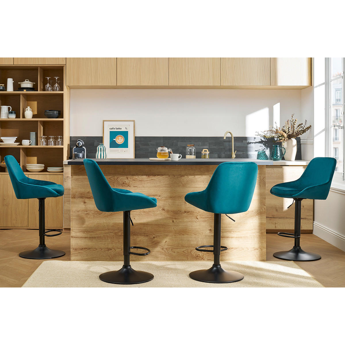 BARHOCKER Designer Verstellbar Petrolblau Samt 2er-Set HOLO - Blau, Textil (57/119/48cm) - Miliboo