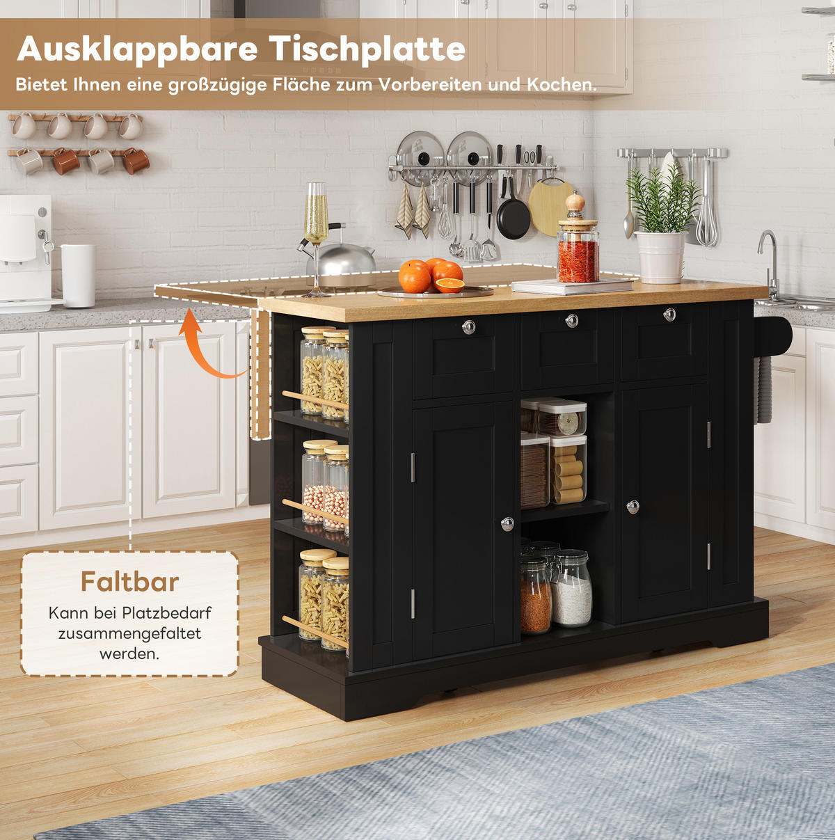 KÜCHENINSEL 132/87/40(70) cm Natur/Schwarz aus MDF mit klappbarer Arbeitsplatte - Schwarz, Holzwerkstoff (70/87/132cm) - OKMYHOME