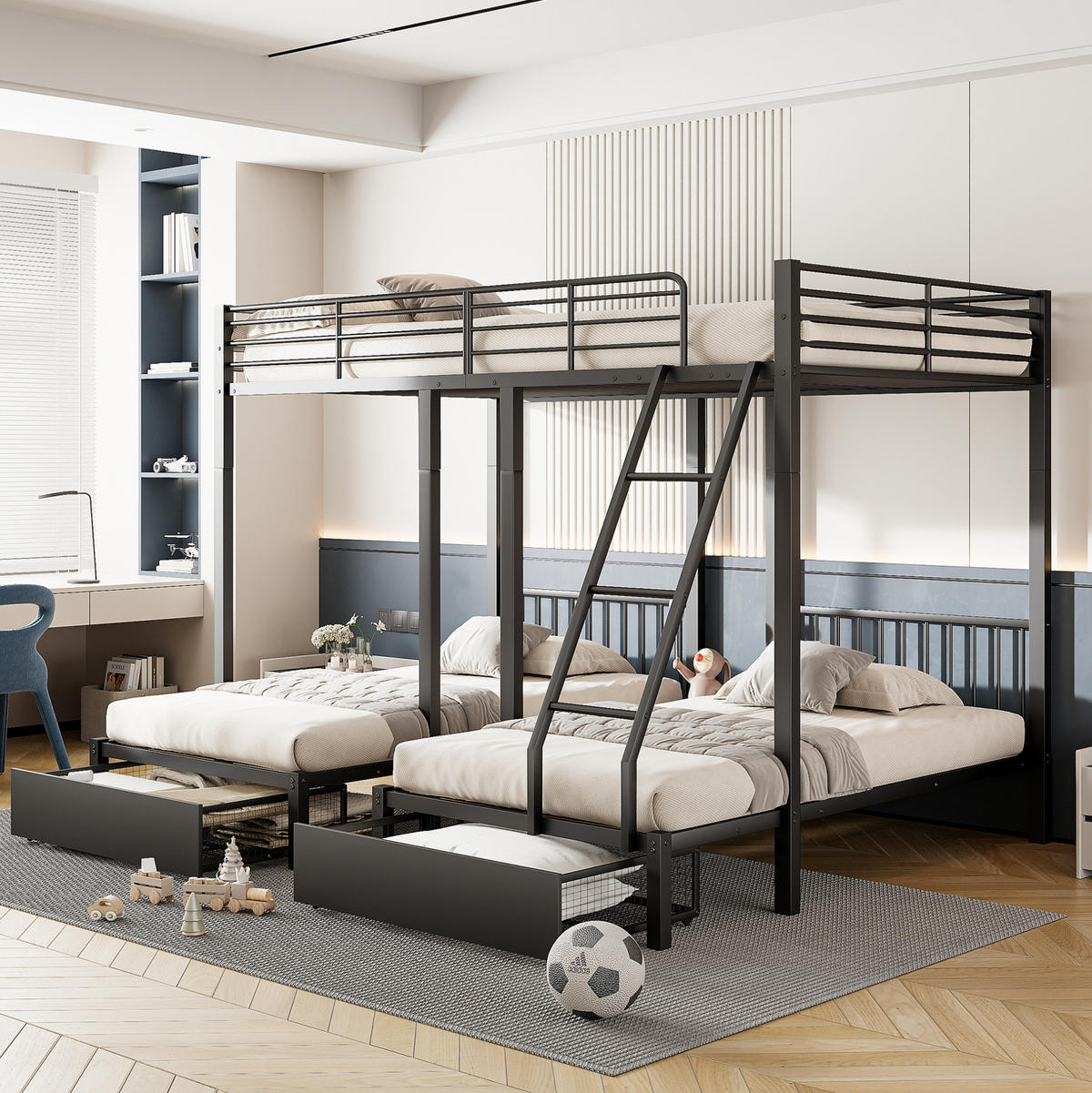 ETAGENBETT 140/200 und 90/200 cm aus Metall mit Schubladen, Schwarz - Schwarz, Metall (140/200cm) - Flora Grace