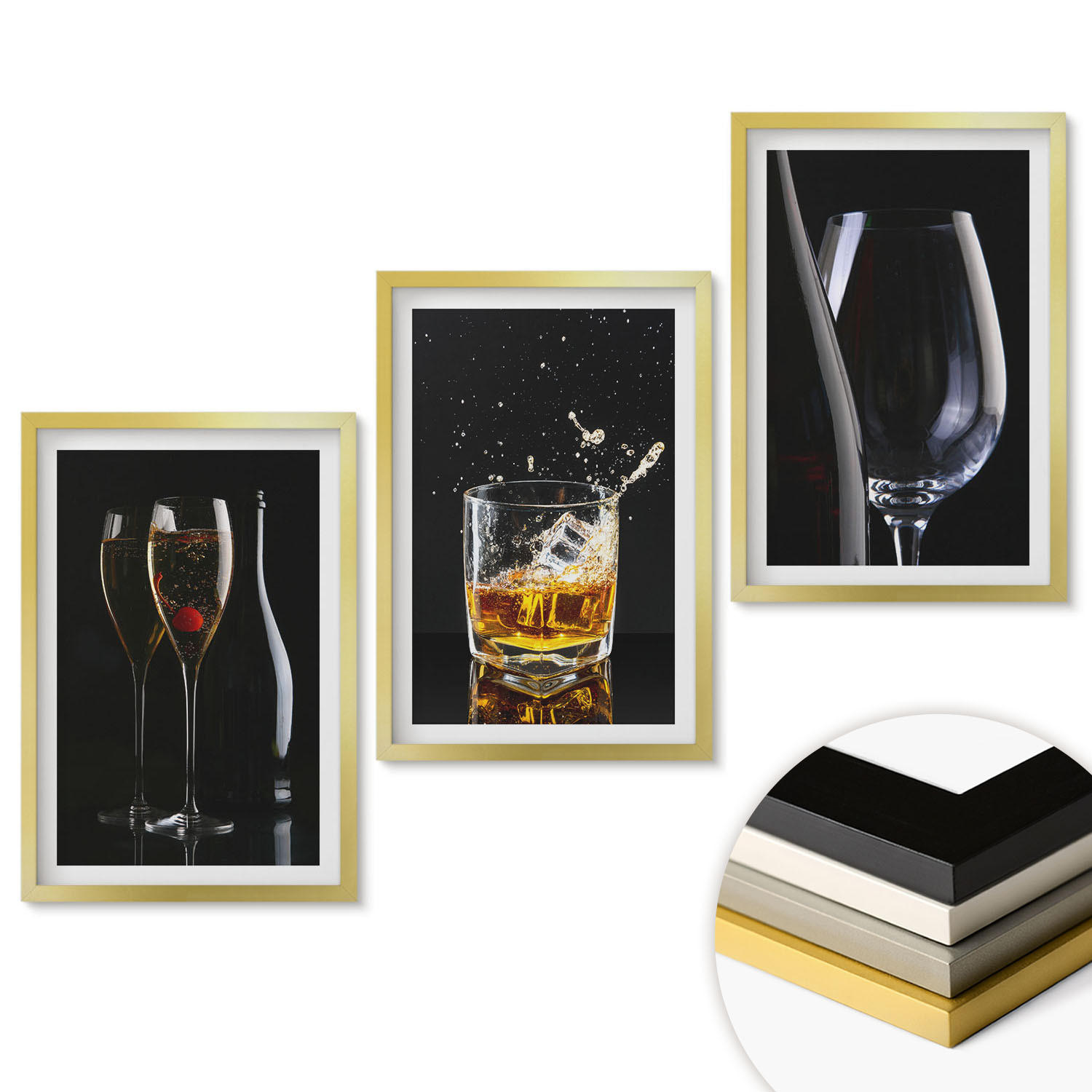 WANDBILDER 3er Set - 40x60 cm Goldrahmen - Weingläser und Whiskygläser auf schwarzem Hintergrund - Goldfarben, Kunststoff (40/60cm) - ArtPrintCave