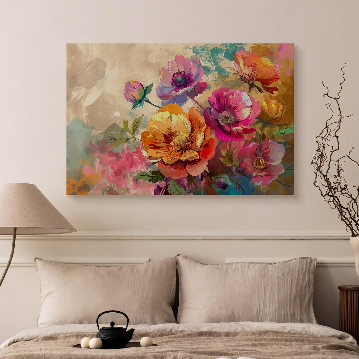 LEINWANDBILD für Wohnzimmer bunte Blumen Blätter Natur 120cm x 80cm - Blau/Beige, Textil (120/80cm) - Muralo