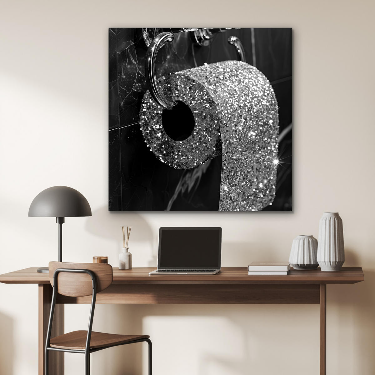 KOVOVÝ OBRAZ WC - toaletný papier - čiernobiely - trblietky 90x90 cm - strieborná, kov (90/90cm) - MuchoWow