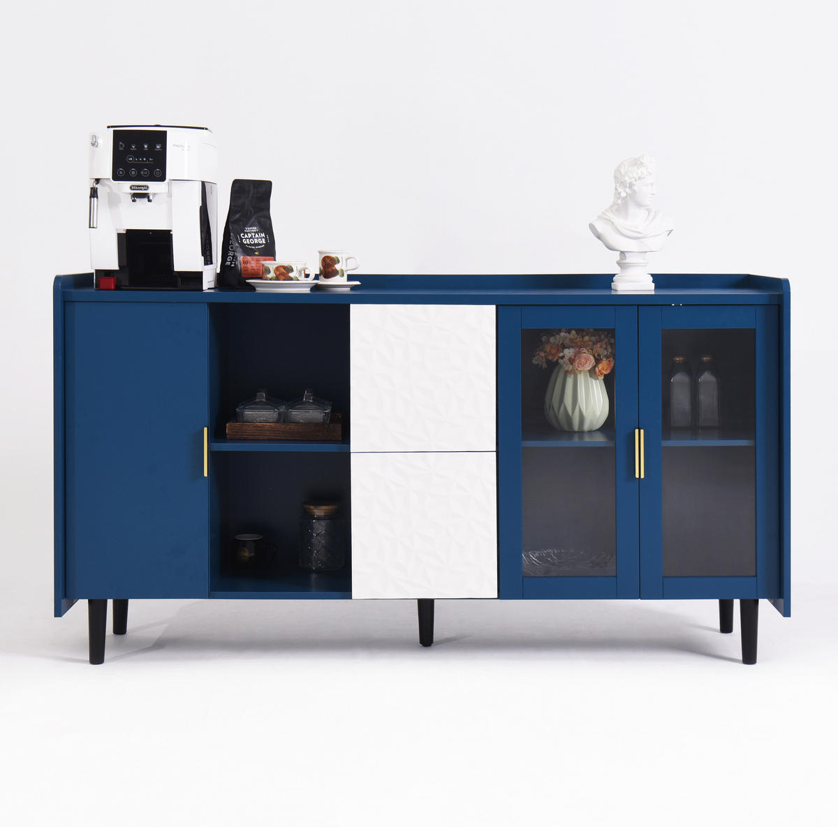 SIDEBOARD mit Glastüren, 2 Schubladen und offenen Fächern, vielseitiger Stauraum, Blau - Blau, Holzwerkstoff (150/80/40cm) - Redom
