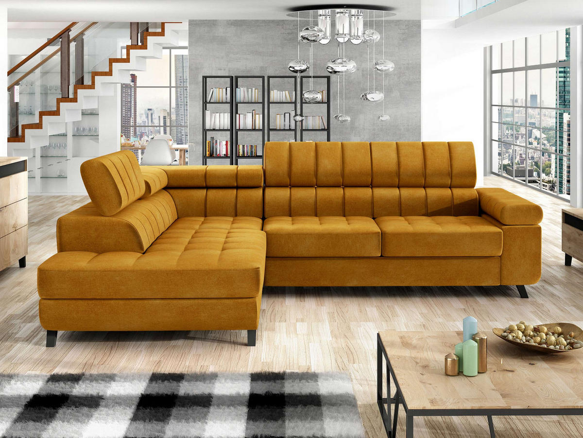 ECKSOFA Nord, Seite: Links - Currygelb/Schwarz, Holz/Textil (264/203cm) - MIRJAN24
